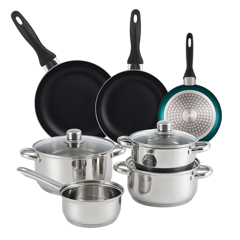 Well Home Set of 7pc Stainless Steel Cookware + 3 Frying Pans Ø16Ø20Ø24cm Blue Metallic in Pressed Aluminium