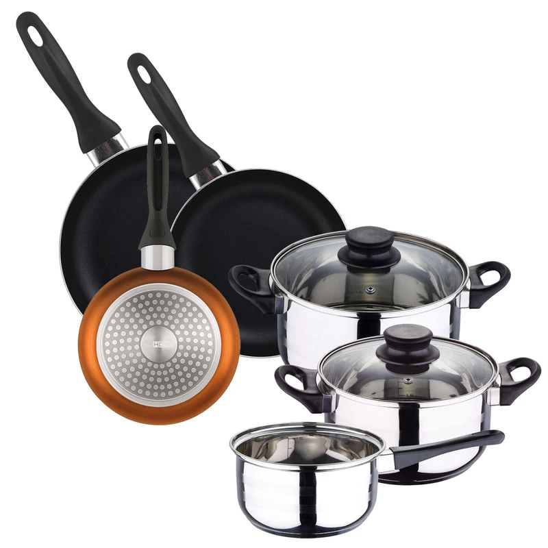 Well Home 5pc Stainless Steel Cookware Set + 3 Frying Pans Ø16Ø20Ø24cm Bronze Metallic Pressed Aluminium