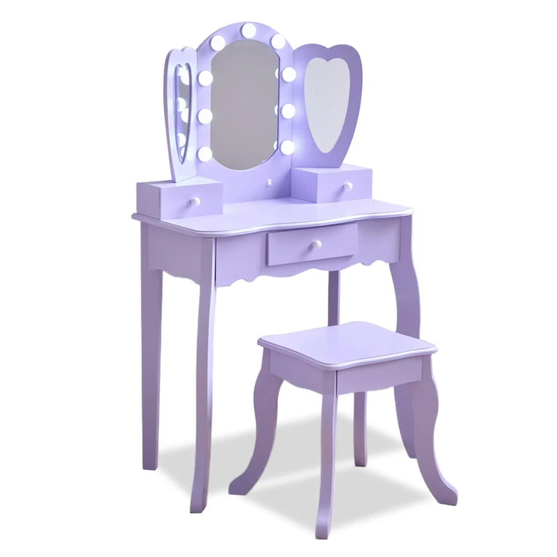 Teamson Kids Heart-Shaped Vanity in Violet with LED Lights, Triple Mirror, Stool & Storage Drawers, Encourages Creativity, Confidence & Organization