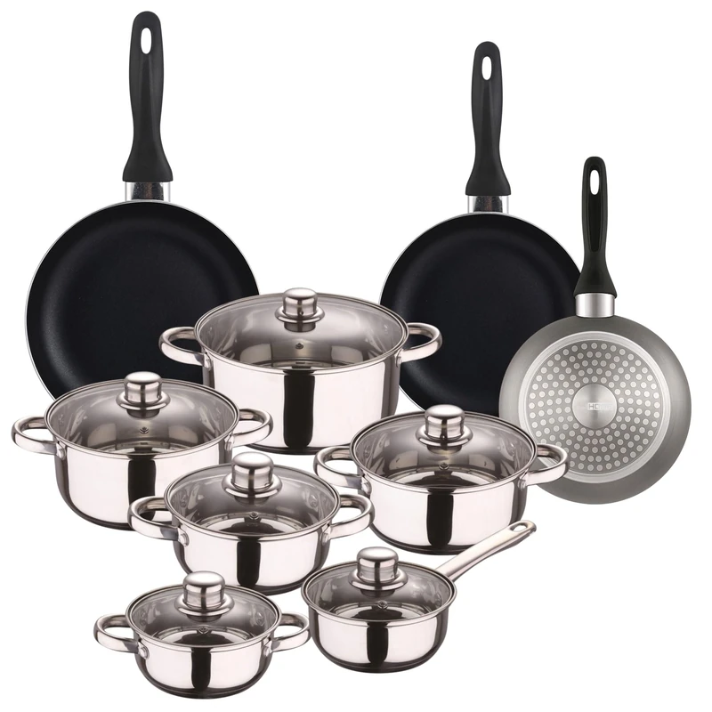 Well Home Set of 12pc Stainless Steel Cookware + 3 Frying Pans Ø16Ø20Ø24cm Grey Metallic in Pressed Aluminium