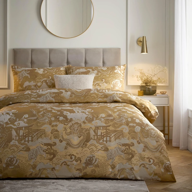 Paoletti Baransu Duvet Cover Set – Luxury Reversible Oriental Dragon Tiger Wave Bedding Set (Gold - Double)