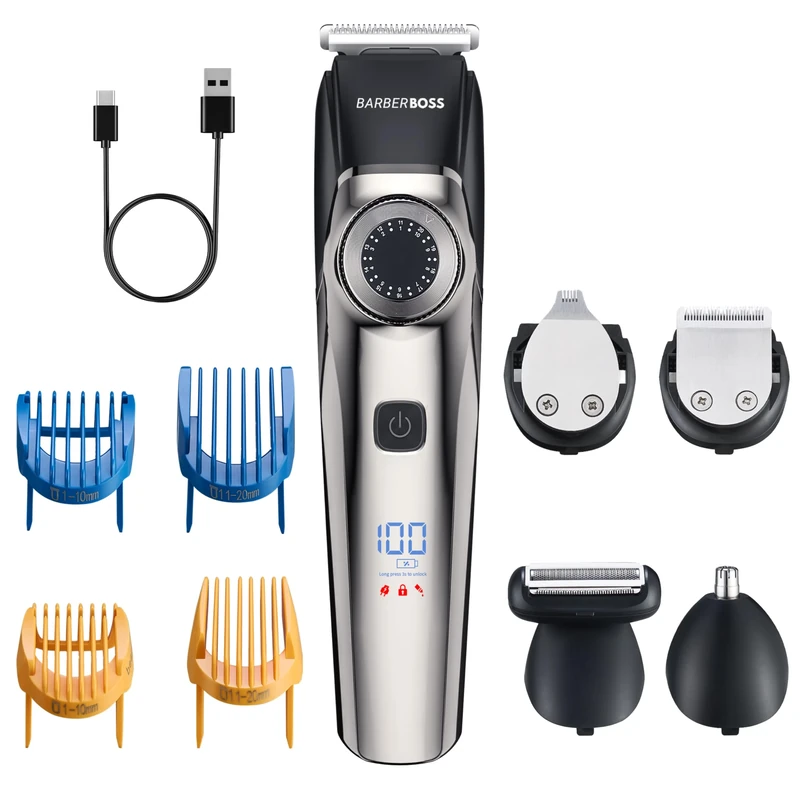 BarberBoss Cordless Hair Trimmer for Men, Ceramic Blades, Men’s Beard Trimmer, LED Display, USB Rechargeable, Waterproof Grooming Kit with Nose, Ear & Detail Attachments