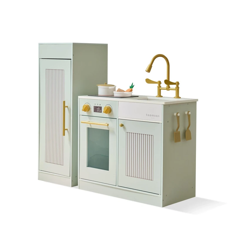 Teamson Kids Little Chef Chester Play Kitchen in Green with Fridge, Stove, 12 Accessories, Hooks & Shelves, Sparks Teamwork, Creativity & Confidence