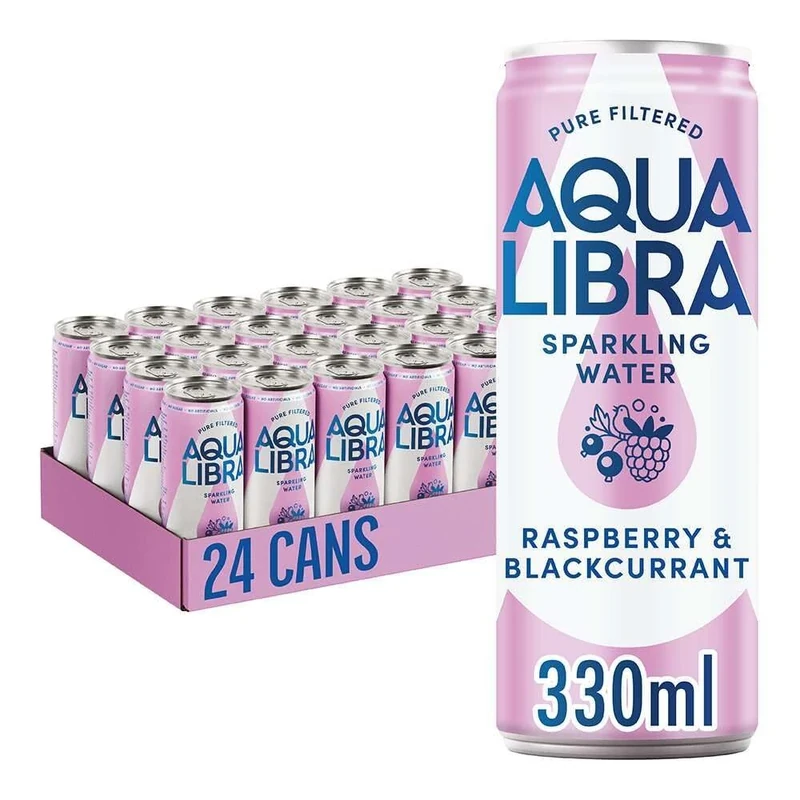 AQUA Libra Sparkling Sugar-Free Fruit Water, No Calories, Raspberry and Blackcurrant, 330 ml, Pack of 24