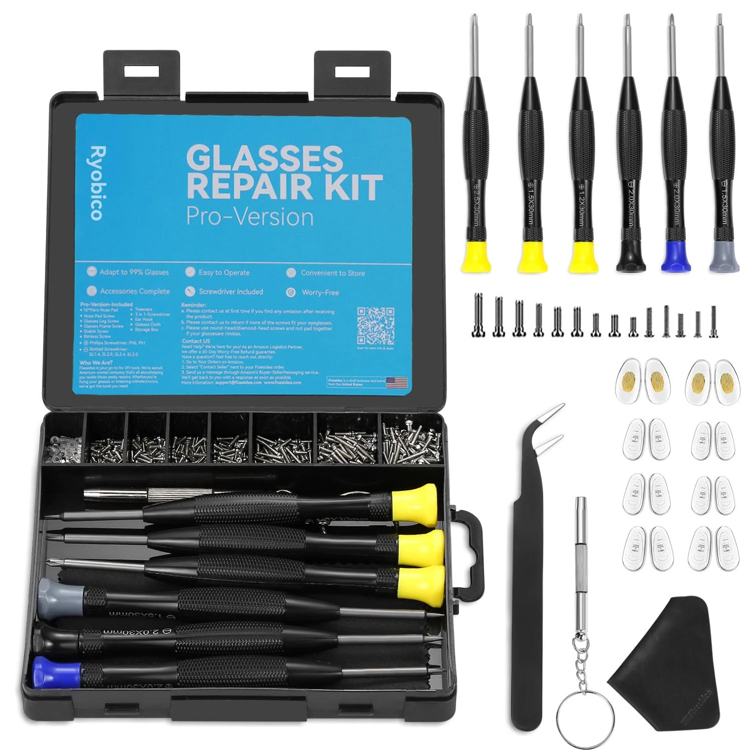 Glasses Repair Kit, Spectacle Repair Screwdriver Tool Set, 6 Magnetic Screwdriver and 10 Pairs Nose Pads, Mini Screwdriver, Screws, Tweezers, Glasses Cloth for Glasses, Sunglass and Watch Repair