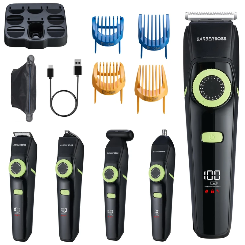 BarberBoss 5-in-1 Men’s Grooming Kit, Cordless Beard Trimmer, Hair Clipper, Nose & Ear Hair Remover, Detail & Body Trimmer with USB Charging, Waterproof Design & LED Display