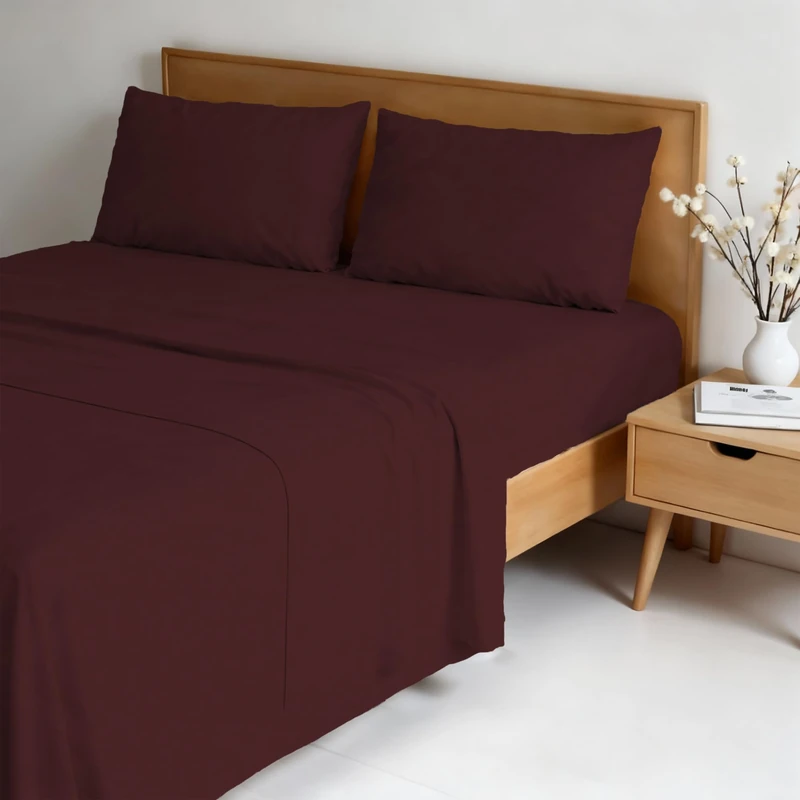Water Washed Double Bed 4-Piece Bedding Set: Fitted Sheet 170 x 200 cm, Flat Sheet 240 x 270 cm, 2 Pillowcases - Bordeaux