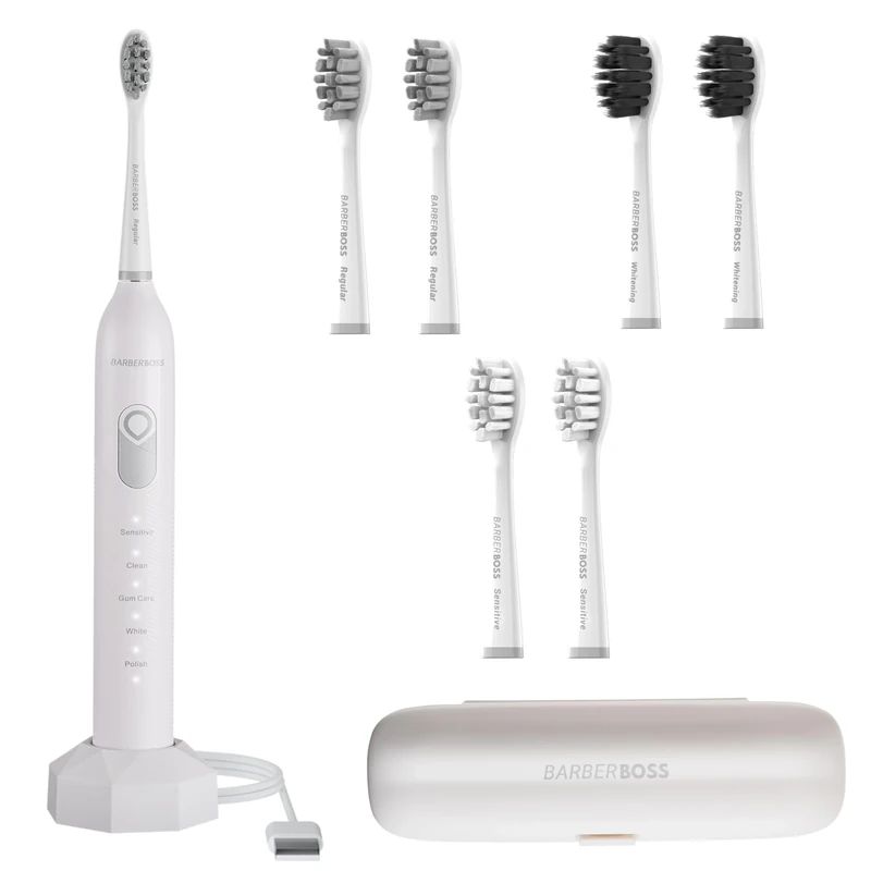 BarberBoss Electric Toothbrush with 6 Brush Heads & Pressure Sensor, Rechargeable Toothbrush for Adults with 5 Modes, Smart Timer, Toothbrush with Travel Kit