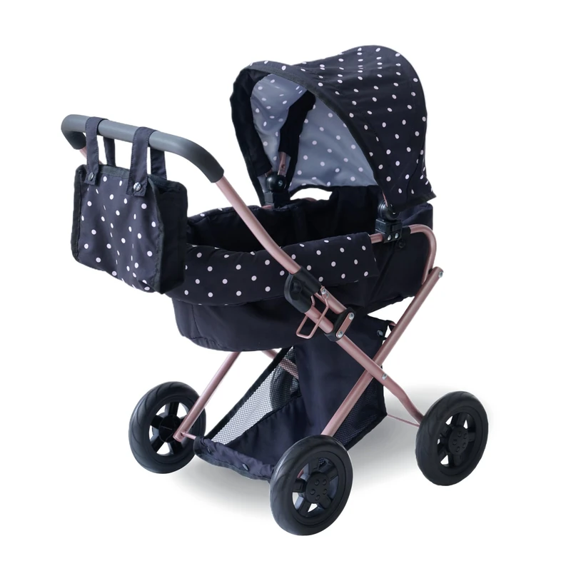 Teamson Kids 2-in-1 Classic Doll Stroller in Black with Removable Bassinet, Adjustable Canopy, Storage Basket & Bag, Encourages Nurturing & Creativity