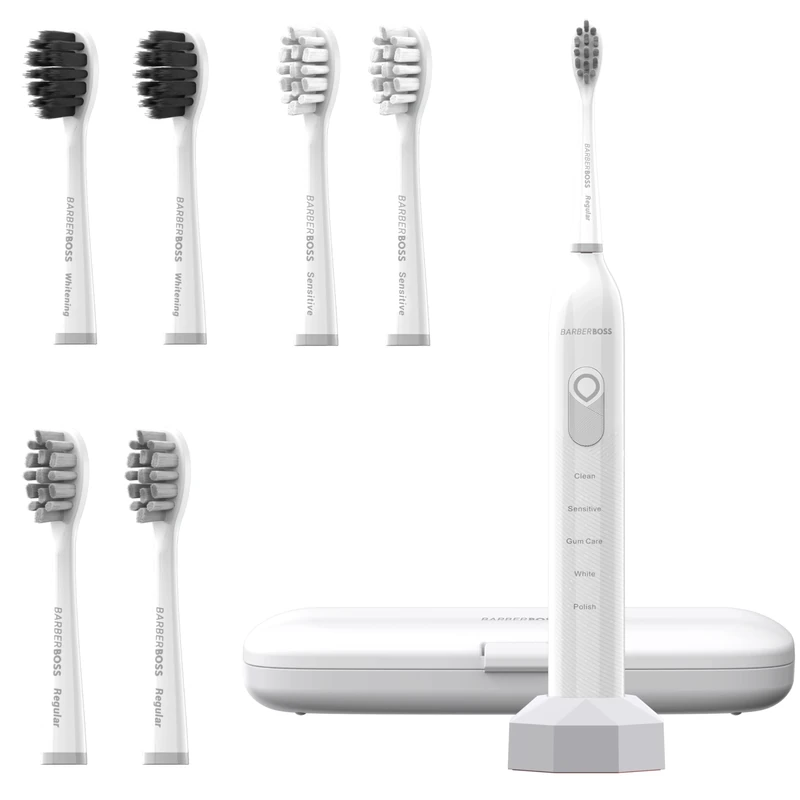 BarberBoss Rechargeable Sonic Toothbrush for Adults, 5 Cleaning Modes, Electric Toothbrush, Pressure Sensor, 6 Brush Heads, 60-Day Battery, Smart Timer & Travel Case