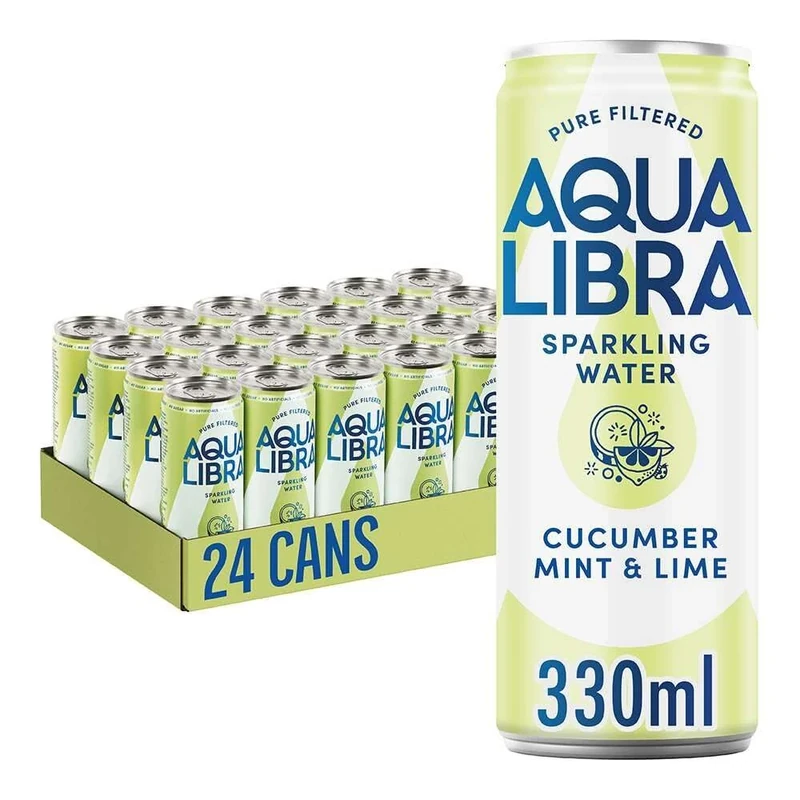 AQUA Libra Sparkling Water, Sugar Free Fruit Water, No Sugar, No Calories, Cucumber, Mint & Lime, 330 ml Pack of 24