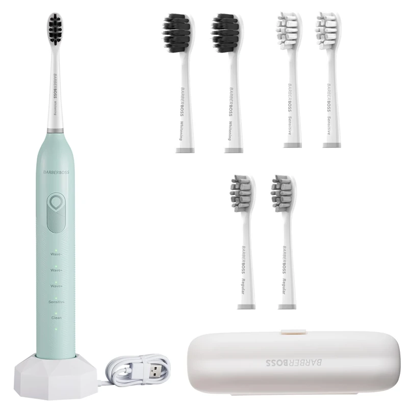 BarberBoss Rechargeable Electric Toothbrush with 3 Angle Settings, 6 Brush Heads, Pressure-Free Cleaning, Long Battery, Smart Timer, Travel-Friendly (Mint Green)