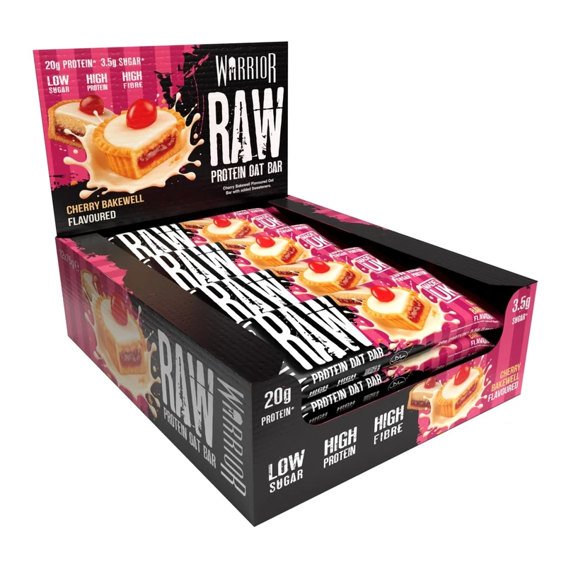 Warrior Raw Protein Bars – 12 x 75g High Protein Snack – High Fibre, Low Sugar – Ideal Meal Replacement or Healthy Nutrition Energy Snacks - Oat Bar Flapjacks – UK Made (Cherry Bakewell)