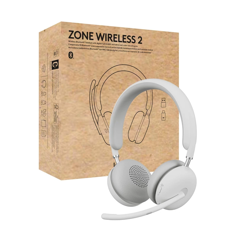 Logitech Zone Wireless 2 Premium Noise Cancelling Headset with Hybrid ANC, Bluetooth, USB-C, USB-A, Certified for Microsoft Teams and Fast Pair, Engineered for Intel Evo laptops - Off-White