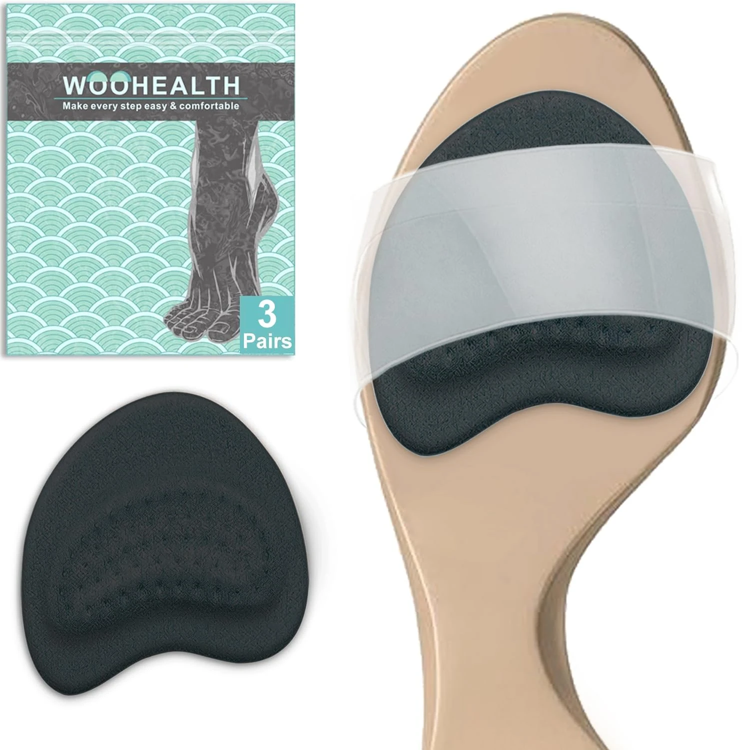 WOOHEALTH Metatarsal Foot Pads, Ball of Foot Pads (3 Pairs) for Morton's Neuroma, Callus, Metatarsalgia & Forefoot Pain Relief for Men & Women (Dark Blue)