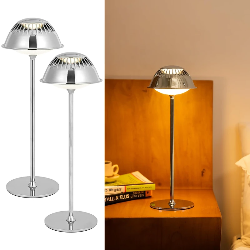 LuminexDesigns 2-Pack Rechargeable LED Table Lamp – Modern Cordless Touch Dimmable, Sleek Silver Metal Stylish Design, Chrome Accent Lamp for Bedside, Living Room, Office, Study, Café & Bar