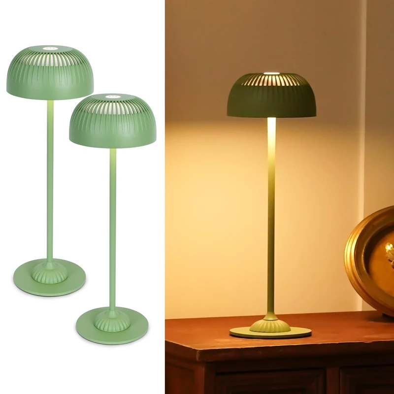 2 Pack Cordless Rechargeable Table Lamp with Full Aluminium Body, Modern 5200mAh Mushroom Touch Bedside Lamp with 3 Colour Modes, IP54 Cozy Ambient Light for Living Room Bedroom & Home Décor, Green