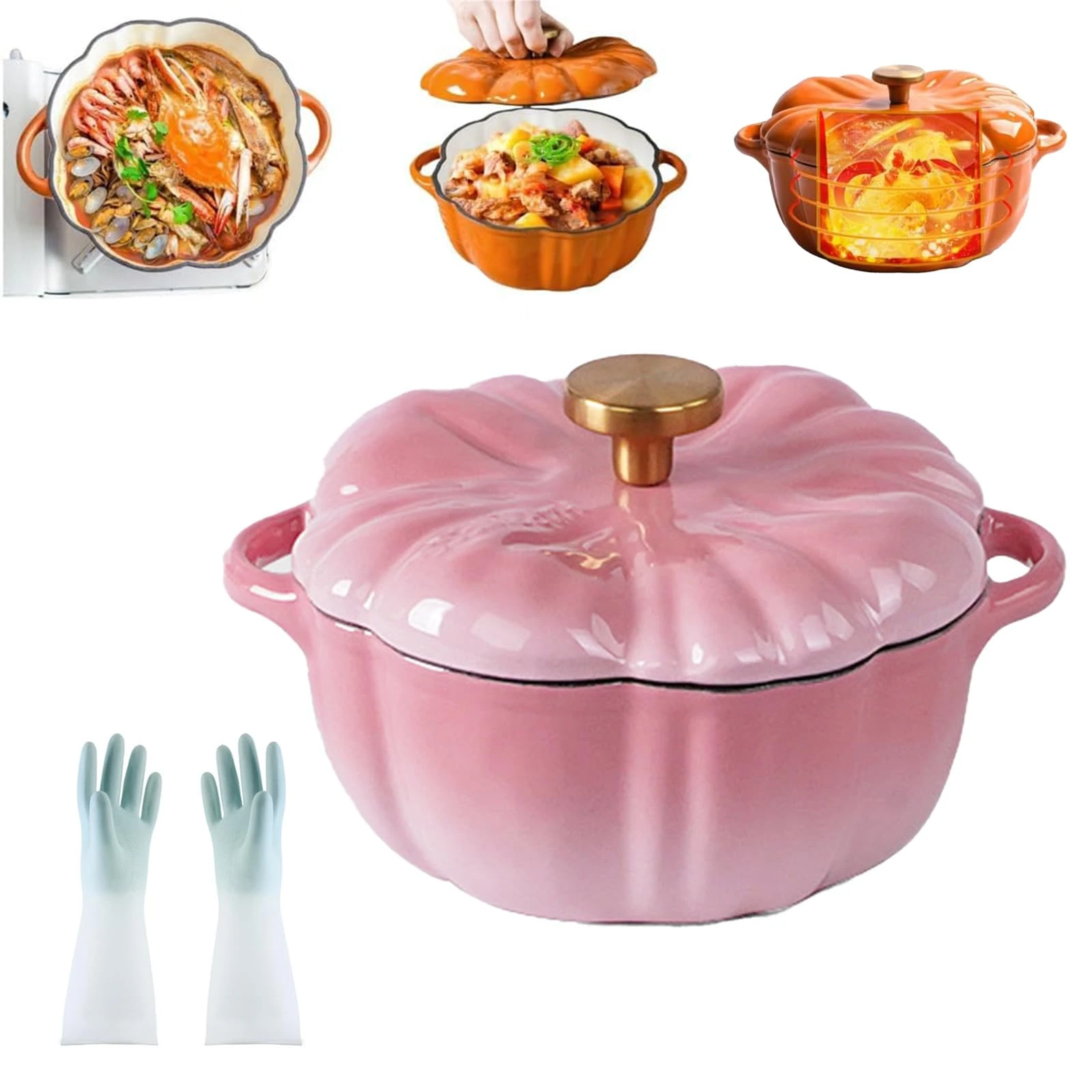 Enameled Cast Iron Pumpkin Dutch Ovens, Pumpkin Pot, Dutch Oven Pumpkins with Lid, Serves 3-5, Halloween Thanksgiving Decor Pot Gift, Double Handle Casseroles for Stews (1.5L Pink)