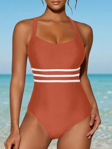 Generic Women's One Piece Swimsuit - Tummy Control, Straps, Orange