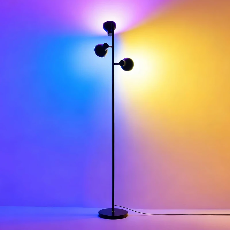 3-Head RGB LED Floor Lamp, Modern Standing Lamp with Remote Control & Touch Switch, 36W 2800lm Dimmable Floor Lamp with Adjustable Heads, Black Floor Lamp for Living Room, Bedroom, Reading & Home
