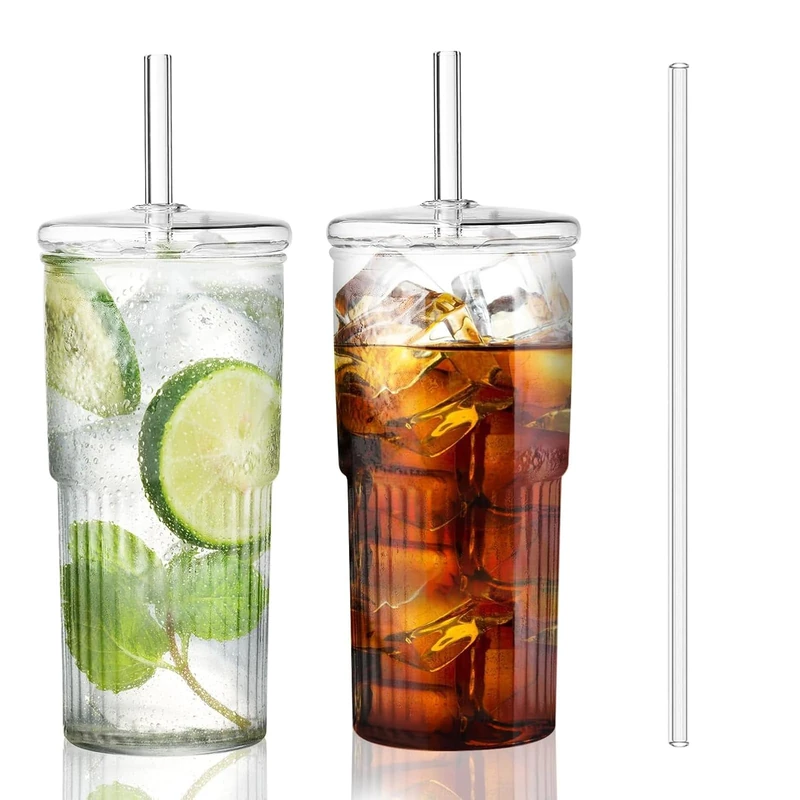 Iced Coffee Cup, 2 Pack 20Oz/600ml Clear Glasses Cups with Lids and Glass Straws Drinking Glasses for Juice, Coffee,Cocktail,Soda,Milk,Ice Water, Cold or Hot Drinks