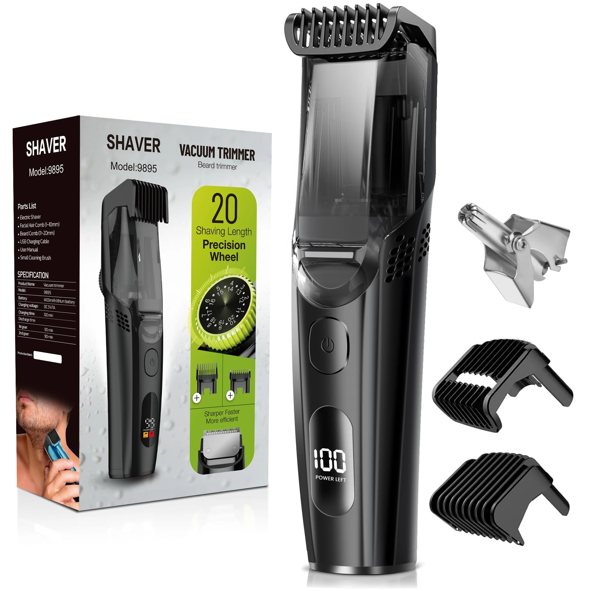 FERRISA Vacuum Beard Trimmer for Men, Rechargeable Mens Grooming Kit with Adjustable Combs, 90Min Runtime, Cordless Electric Beard Trimmer with Travel Lock for Beard, Moustache & Sideburns