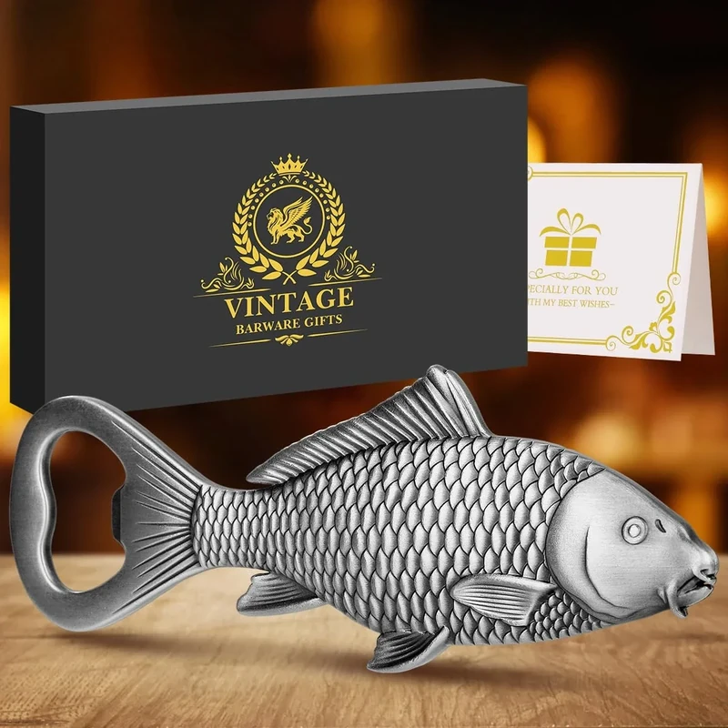 LULLEA Carp Beer Bottle Opener, Fishing Gifts for Fisherman, Carp Fish Gift, Birthday Fathers Day Christmas Gifts for Men Women Dad Fisherman, Silver Beer Accessories with Gift Box