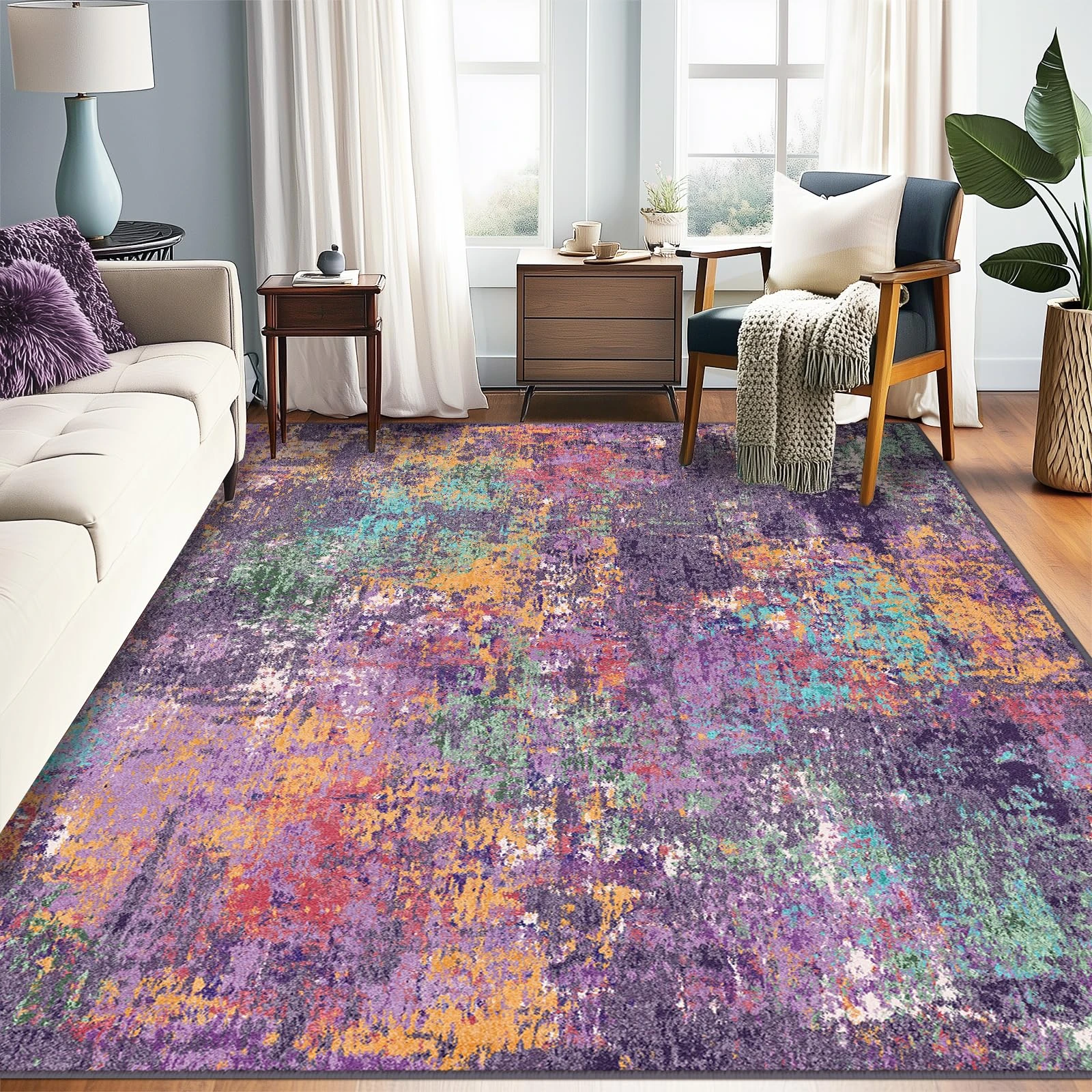 RELEANY Washable Area Rugs 9'x12' Non-Slip Modern Abstract Soft for Living Room Entryway Bedroom Nursery, Print Pattern, Purple Orange Blue Green Rust Red Colorful