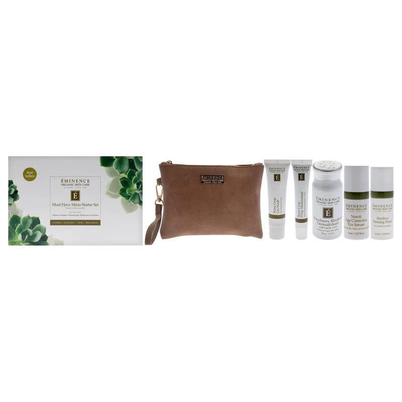 Eminence Must Have Minis Starter Set for Unisex – 6 Pc Skincare Set with Gel Wash, Dermafoliant, Whip Moisturizer, Firming Fluid, Eye Serum, and Pouch