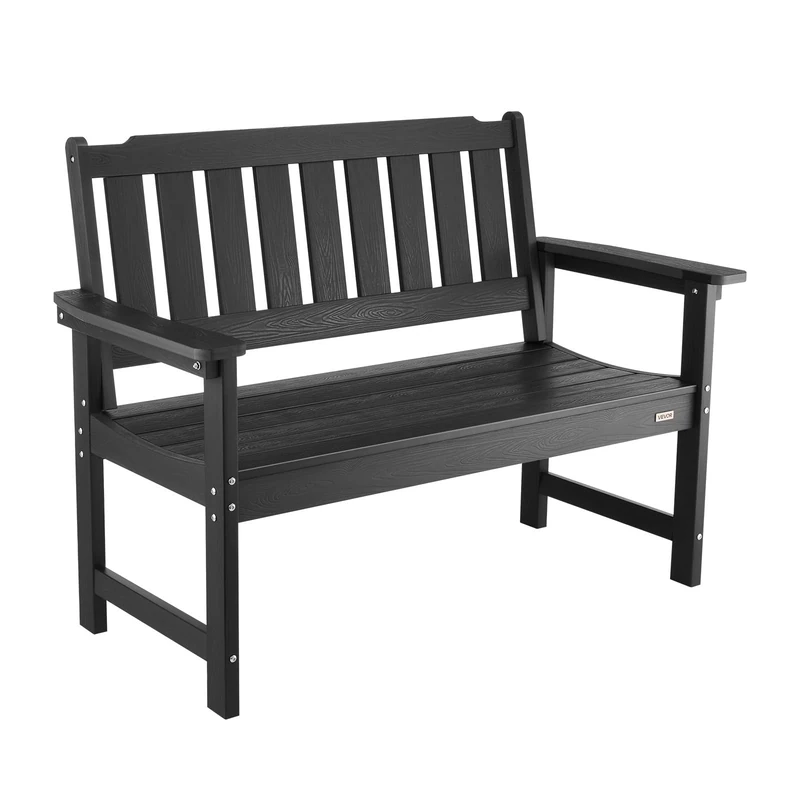 VEVOR Outdoor Bench, 128 cm, 363 kg Weight Capacity for 2-3 Persons, Weatherproof Plastic Frame with Backrest and Wide Armrests, Outside Bench for Patio, Garden, Park, Yard, Front Porch, Black