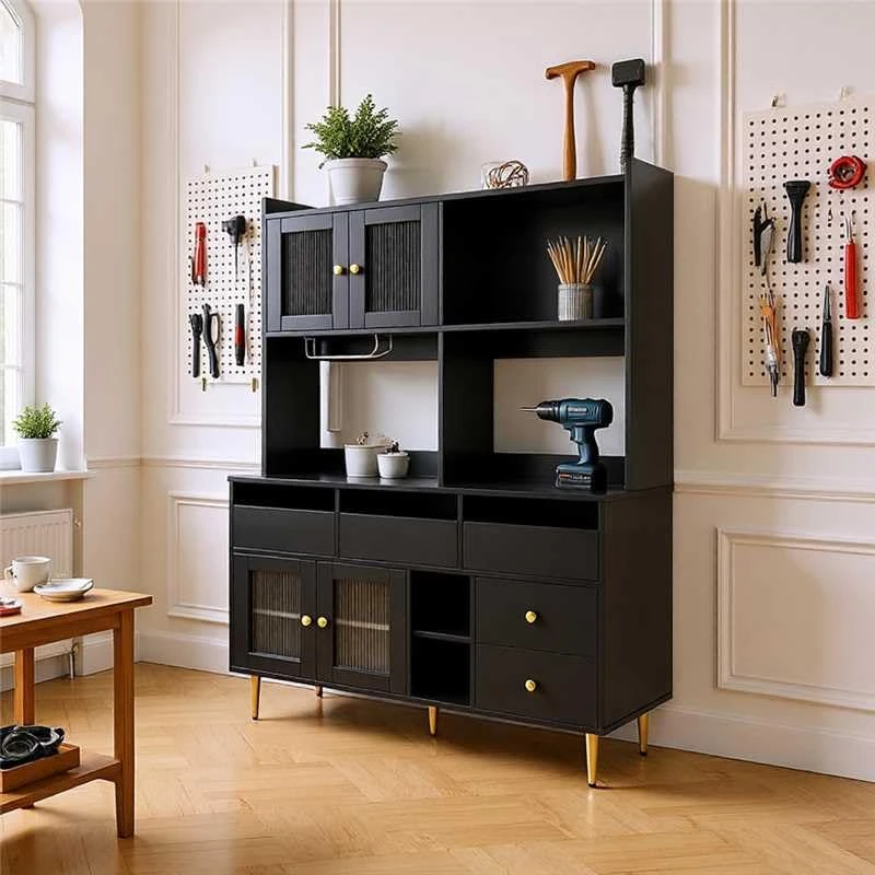 FurnitureR Multi-purpose Bathroom Tall Cabinet, Changhong Glass Door, Wine Glass Holder, Black with Gold Decoration, 145 x 39 x 171 cm (Kitchen & Dining)