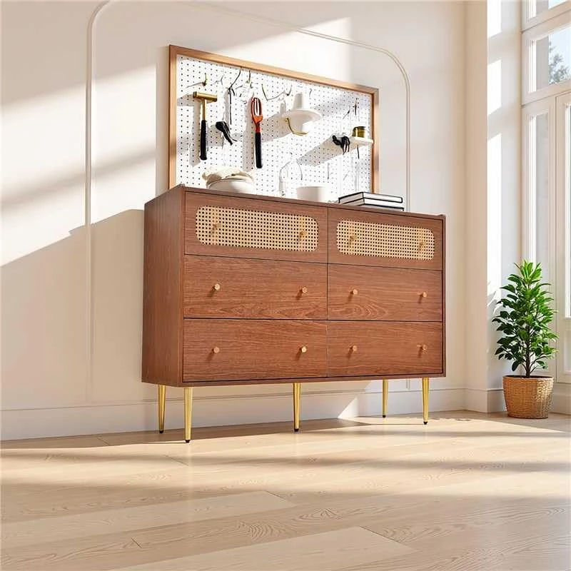 FurnitureR Rattan Living Room Cabinet Home Apartment, 6-Drawer Chest for Kitchen Storage, Walnut, 40D x 120W x 90H cm