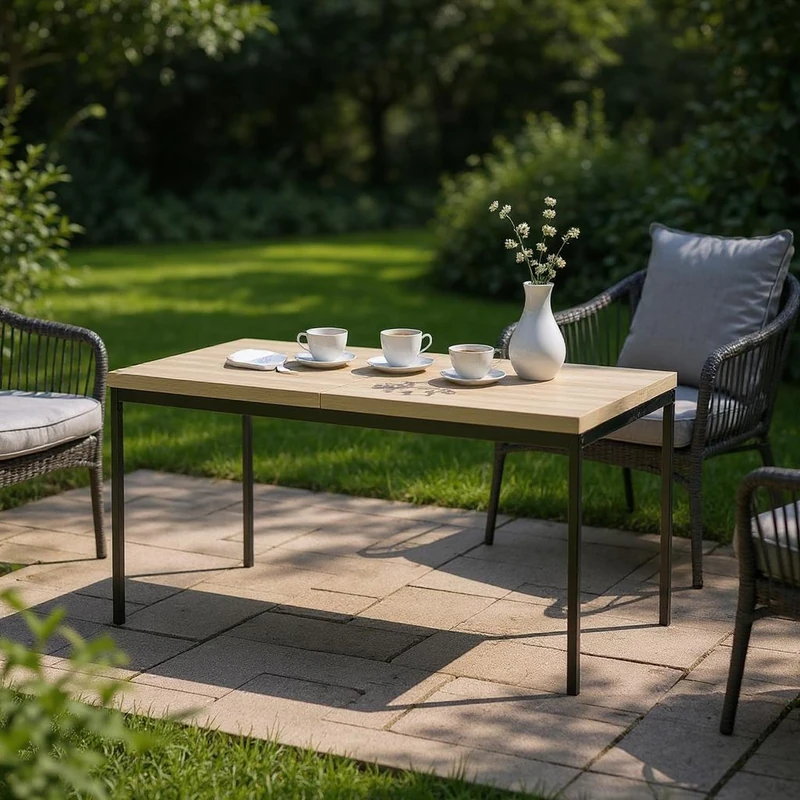FurnitureR Bistro Tables for Garden in Grey, Sleek and Elegant Style for 4 to 6 People, Thick Wooden Top with Metal Frame, for Cafe, Balcony, Patio, 150 x 75 x 75 cm - Image 1