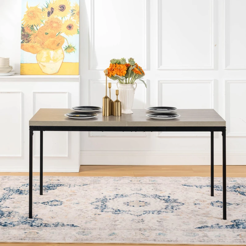 FurnitureR Grey Dining Tables, Clean and Elegant Style for 4 to 6 People, Thick Wood Top with Metal Frame, for Kitchen, Dining Room, 150 x 75 x 75 cm