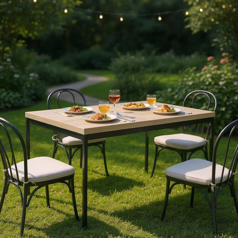 FurnitureR Garden Service Tables in Grey, for 4 to 6 People, Thick Wooden Top with Metal Frame, for Terrace, Patio, Dining Room, Garden, 150 x 75 x 75 cm - Image 1