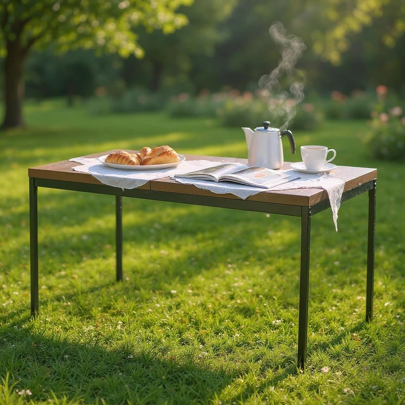 FurnitureR Brown Garden Bar Tables, For 4 to 6 People, Thick Wooden Top with Metal Frame, for Patio, Dining Room, Garden, 150 x 75 x 75 cm - Image 1