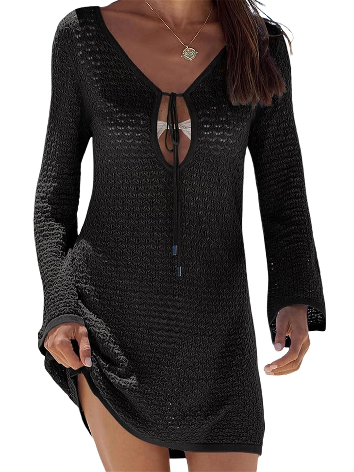Women Crochet Beach Cover Up Dress Long Sleeve Hollow Out Bikini Cover Up Summer Swim Coverup Mini Dresses Beachwear (A-Black, M)