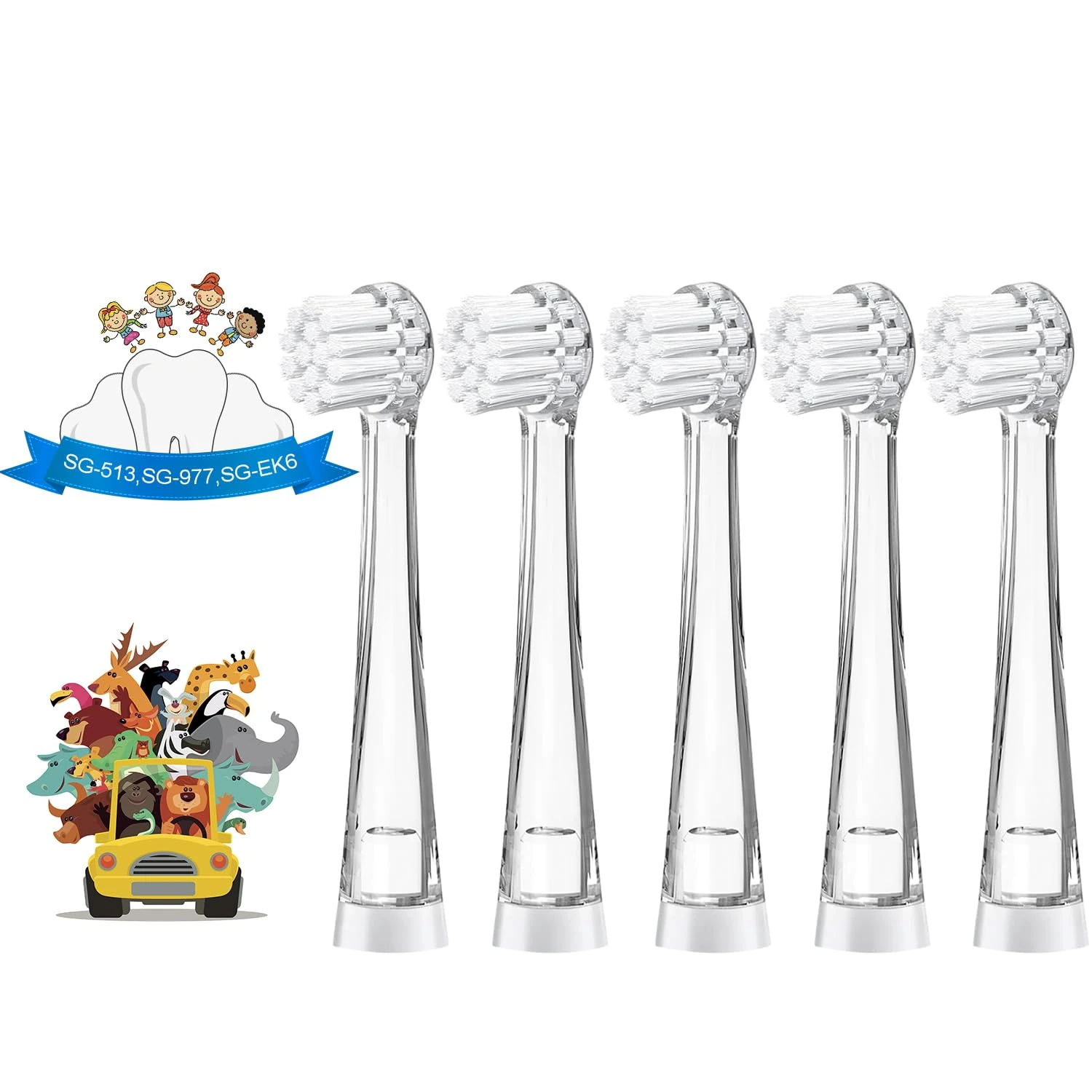 5Pcs Children's Replacement Toothbrush Heads Compatible with SEAGO SG-513/977/EK6, Brush-Baby WildOnes/KIDZSONIC, Dada-Tech DT-BB1/DT-977/DT-K6 (8-18 Month)