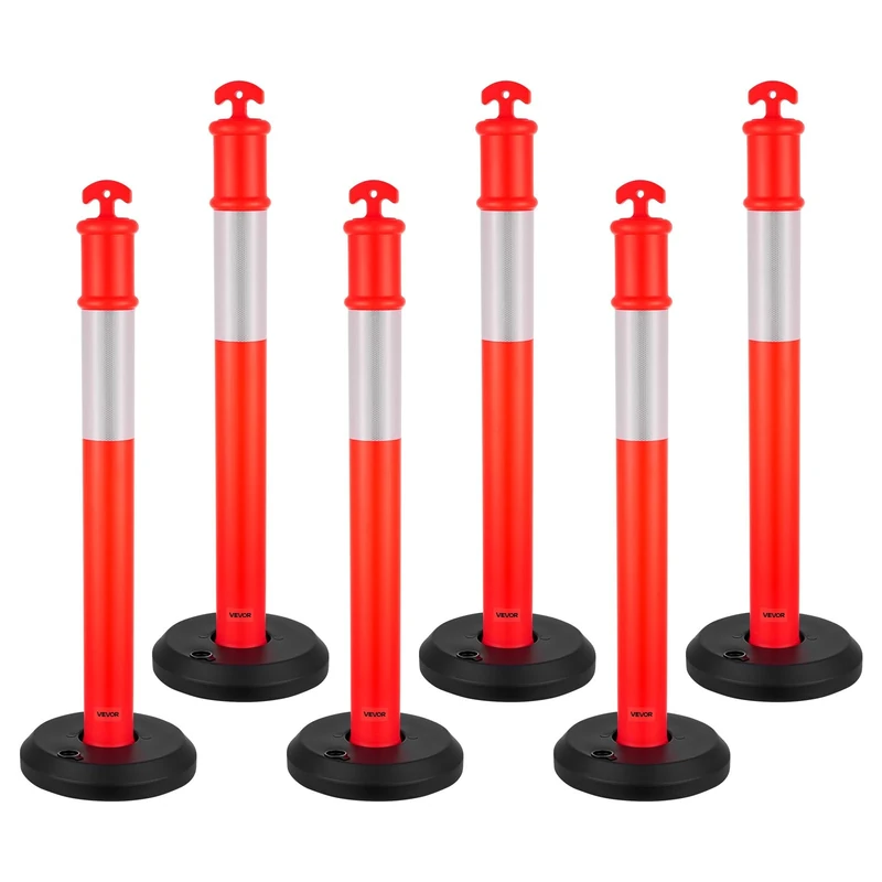 VEVOR 6 Pack Traffic Delineator Posts, 1140 mm Traffic Safety Cones with Fillable Base and Reflective Strips, Heavy Duty Delineator Posts for Construction Site, Parking Lot, Crowd Control, Red
