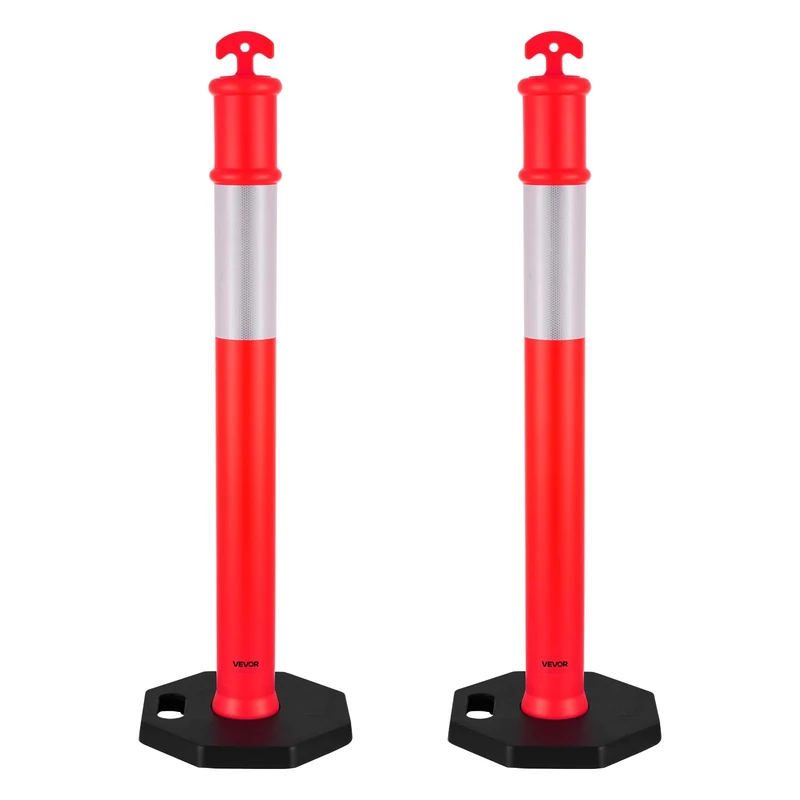 VEVOR 2 Pack Traffic Delineator Posts, 1140 mm Traffic Safety Cones with Weighted Base and Reflective Strips, Heavy Duty Delineator Posts for Construction Site, Parking Lot, Crowd Control, Red