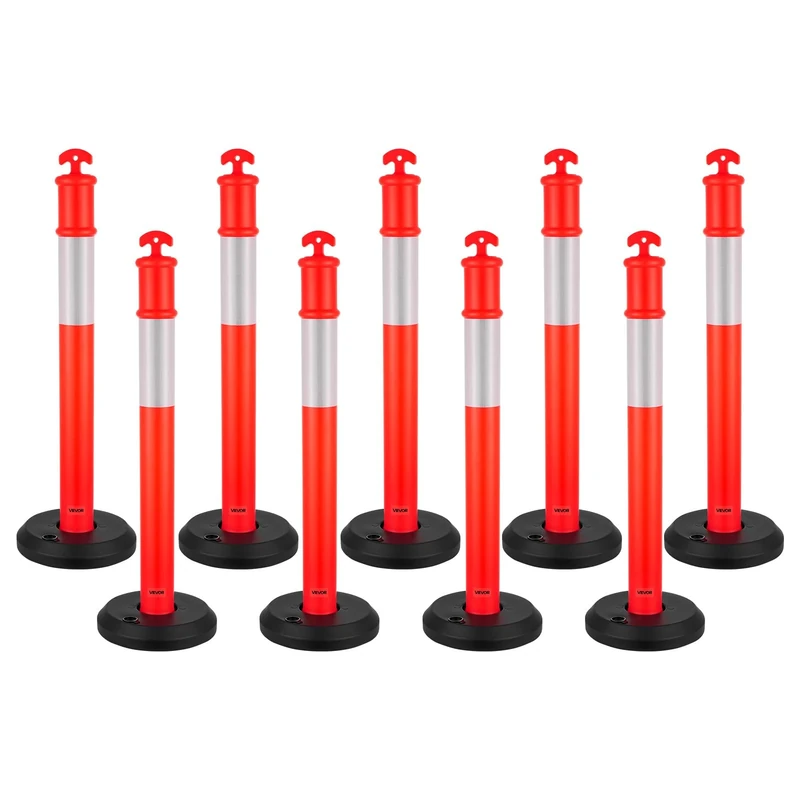 VEVOR 9 Pack Traffic Delineator Posts, 1140 mm Traffic Safety Cones with Fillable Base and Reflective Strips, Heavy Duty Delineator Posts for Construction Site, Parking Lot, Crowd Control, Red