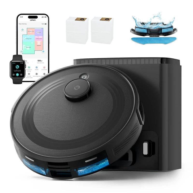 Lefant M2 Plus Robot Vacuum and Mop, Self-Emptying, 6000Pa Suction, 75-Day Hands-Free, dToF Laser Navigation, PSD Obstacle Avoidance, for Hard Floors & Carpets, WiFi 2.4G/5G, Black