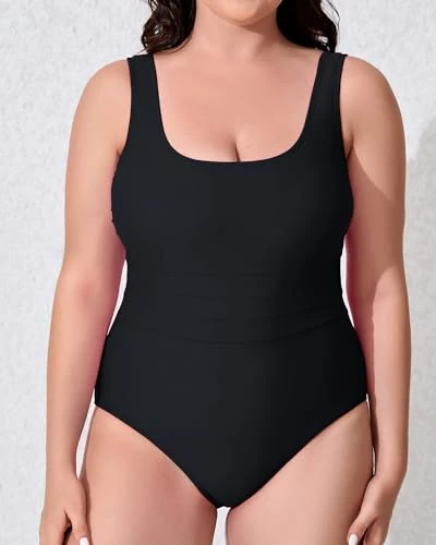 Women's One Piece Plus Size Bathing Suits Tummy Control Swimsuit Crisscross Back Swimwear Suqare Neck, Black, 24