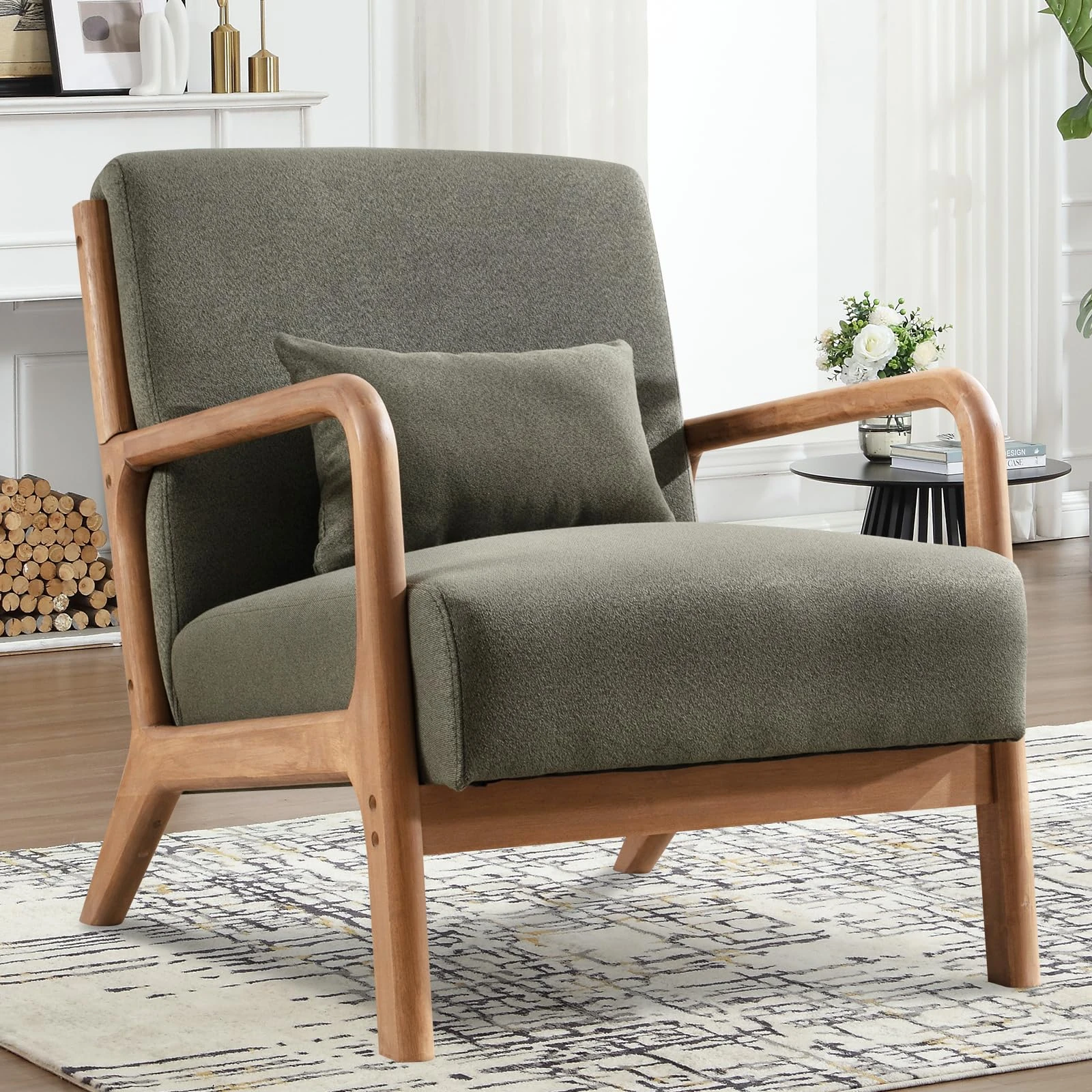 Living Room Armchair Modern Accent Chair, Lounge Single Sofa Reading Arm Chairs for Bedroom with Extra Thickened Seat Solid Wooden Frame, Tub Chair Occasional Chairs (1, Olive Green)