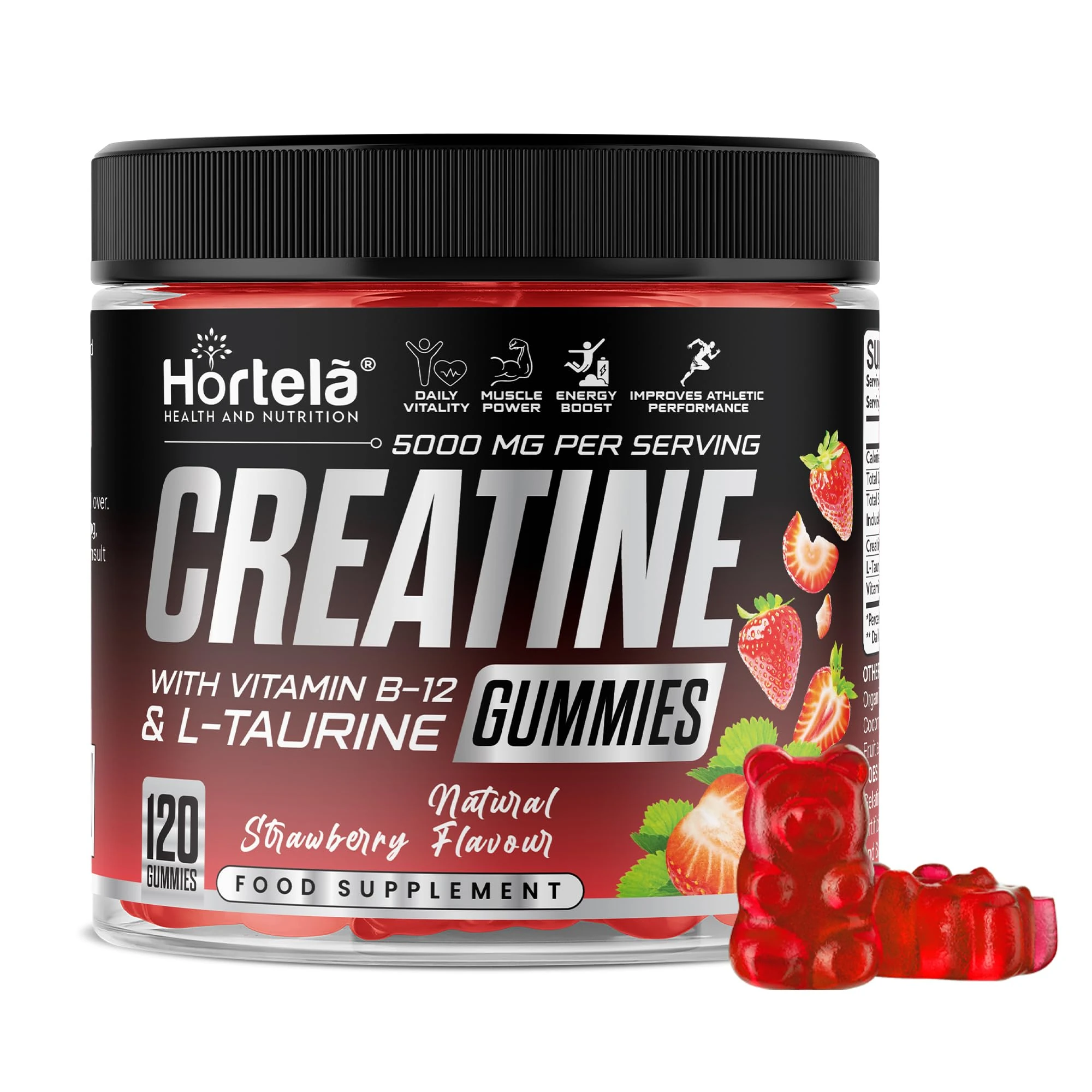 Creatine Gummies 5000mg – Creatine Monohydrate with B12 & L-Taurine | Strawberry Flavour Chewables for Men & Women | Energy, Muscle & Recovery Support | 120 Count (1 Month Supply) (Strawberry)