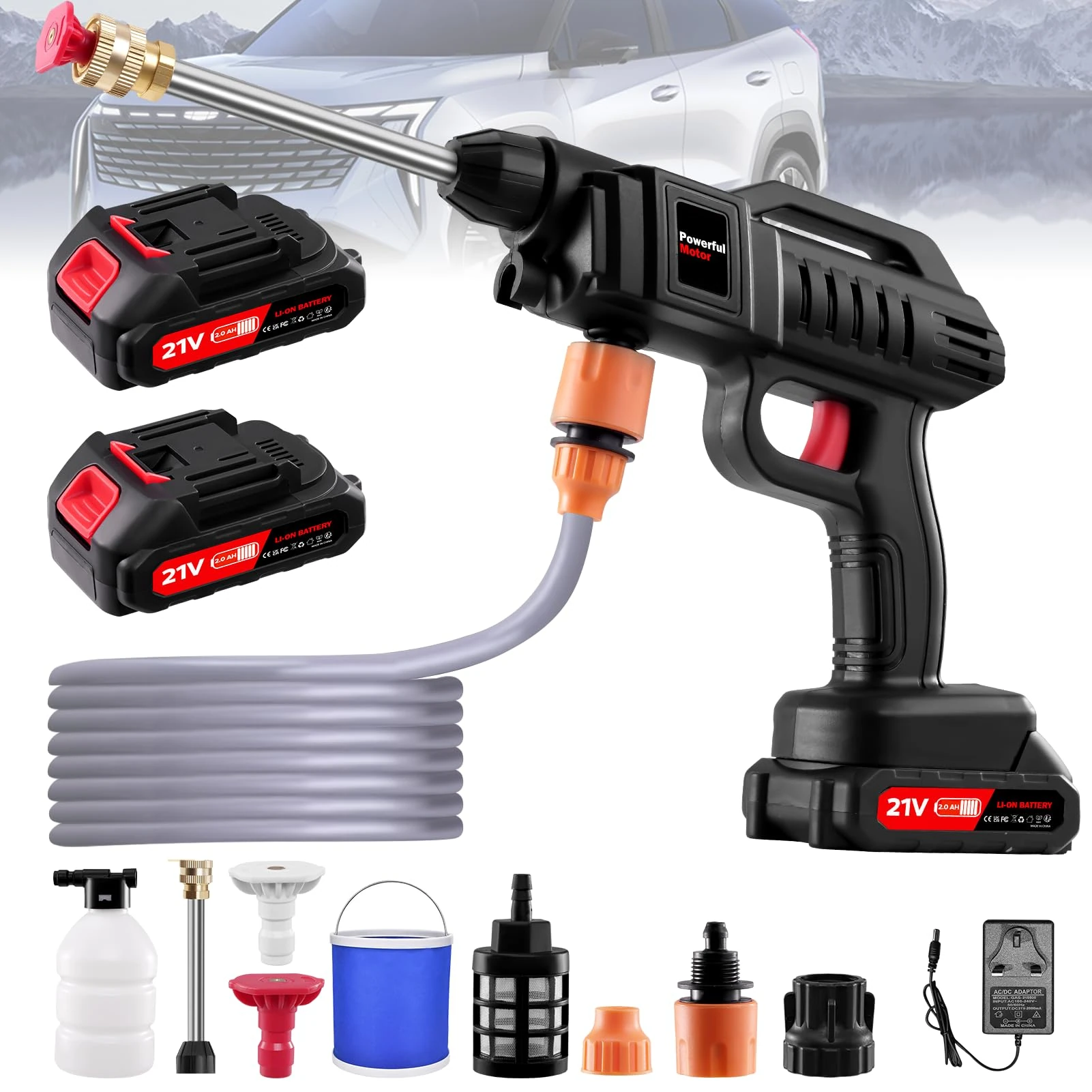 Cordless Pressure Washer, 21V 1500W Portable Pressure Washer, 60Bar/870 PSI High Power Washer Machine with 2 Nozzles, 2 Battery, 5m Hose Cordless Jet Washers/Pressure Washers for Car Floor Outdoor