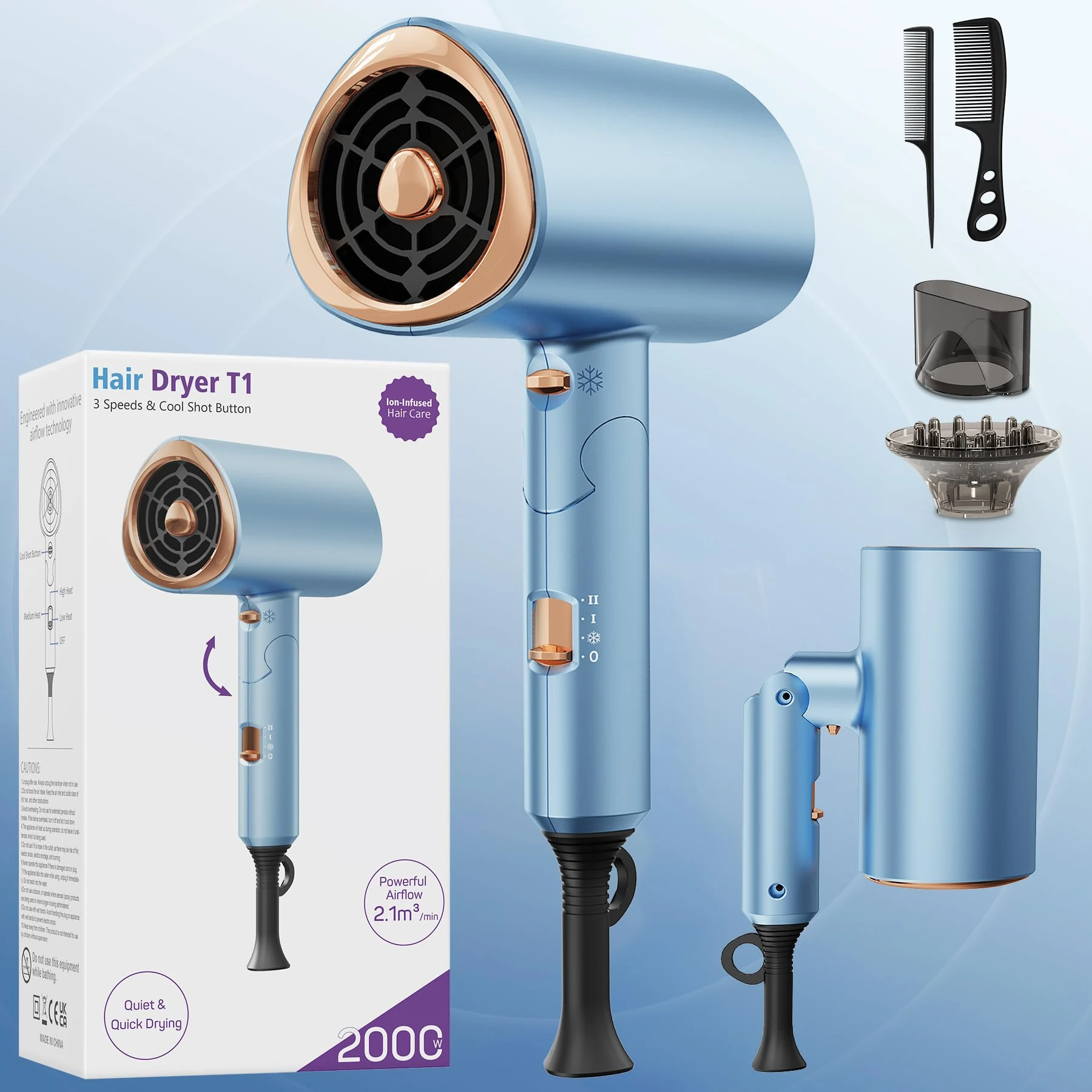 Foldable Ionic Hair Dryer 2000W Professional Blow Dryer with 2 Speed 3 Heat, Cool Shot, Diffuser & Concentrator, Styling Combs, for Men & Women, Blue