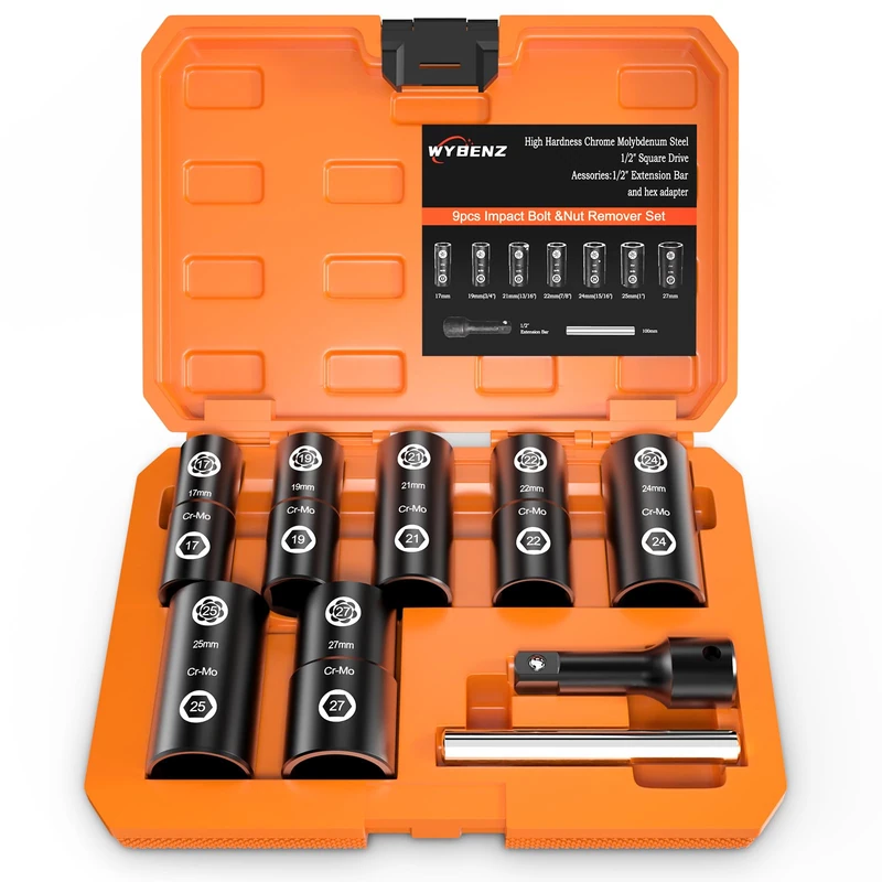 9Pcs Double Ended Lug Nut Extractor Set, Lug Nut Removal Tool with 1/2 Inch Drive, Flip Lug Nut Remover, Broken Bolt Extractor Kit for Stripped, Broken, Damaged, Rounded Bolts, Screw Nut and Fasteners