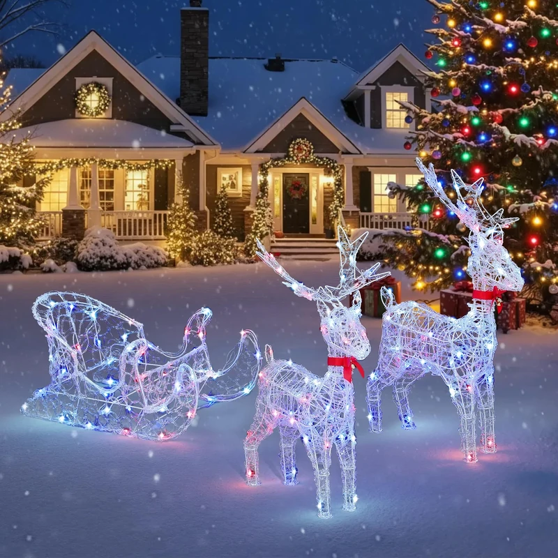 YITAHOME 2-Deer & Sleigh Christmas Reindeer Set with 150 RGB LEDs & RF Remote, Pre-Lit Light Up Deer Decoration Set with Detachable Antlers and Neck for Indoor & Outdoor Holiday Display
