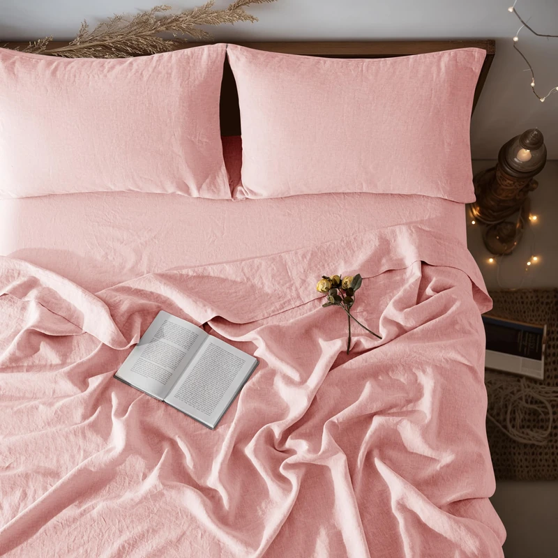 LBRO2M 100% Linen Sheet Set 16" Deep Pocket California King Size,Bed Sheets 4 Piece Sets,Solid Color Natural Flax Bed Sheets Soft Breathable Bedding,All Season (Clifornia King, Blush Pink)